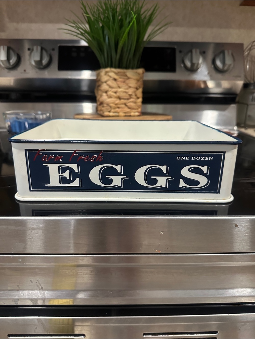 Farm Fresh Eggs Metal Kitchen Countertop Bin - White & Navy